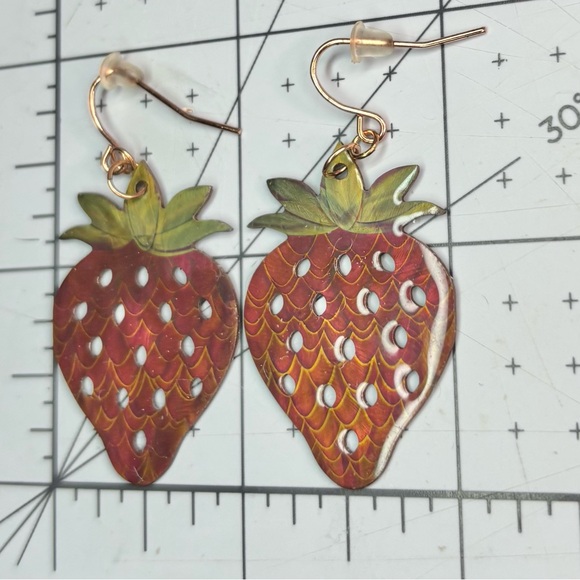 Handmade Strawberry Shaped Dangle Earrings Hand Painted Laser Cut Resin, [2”] - Picture 5 of 8